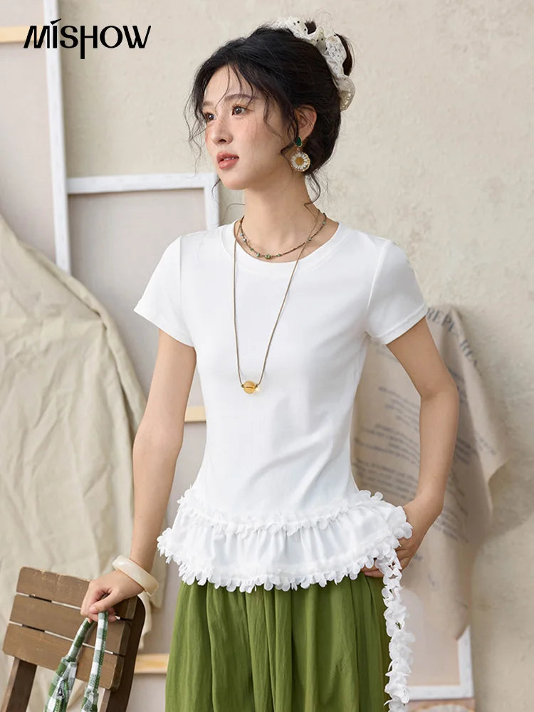 MISHOW White Ruffled T-shirt for Women Summer 2025 Round Neck Loose Slim Cotton Casual Tees with Red Lanyard Necklace MXE34T0557