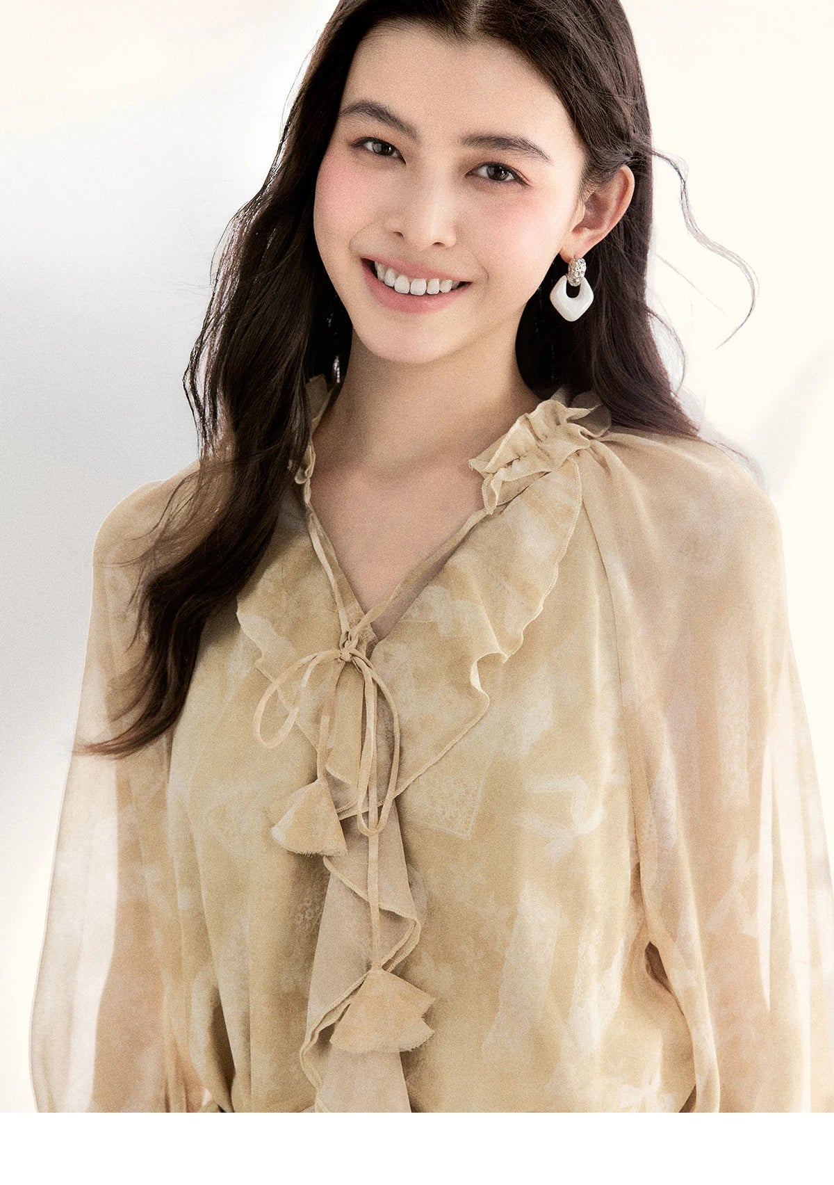 MISHOW Light Yellow Chiffon Maxi Dress 2026 Spring V-Neck Ruffled Belted Floral Print Casual Long Sleeve Dresses MXF11L2554