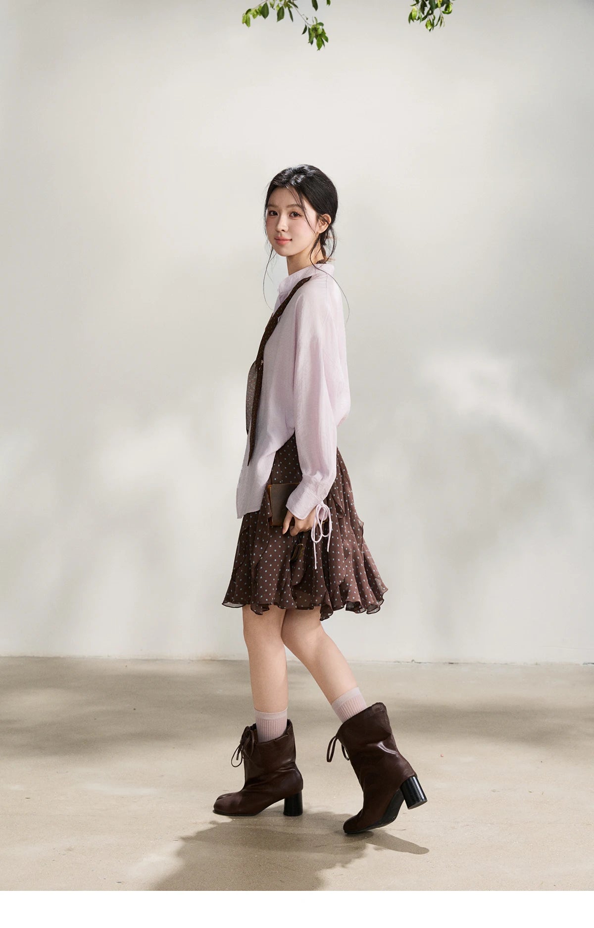 MISHOW Women's Asymmetric V Neck Shirts 2026 Spring Lapel Casual Loose Tie Cuffs Solid Shirt with Polka Dot Ribbon MXF108X1002