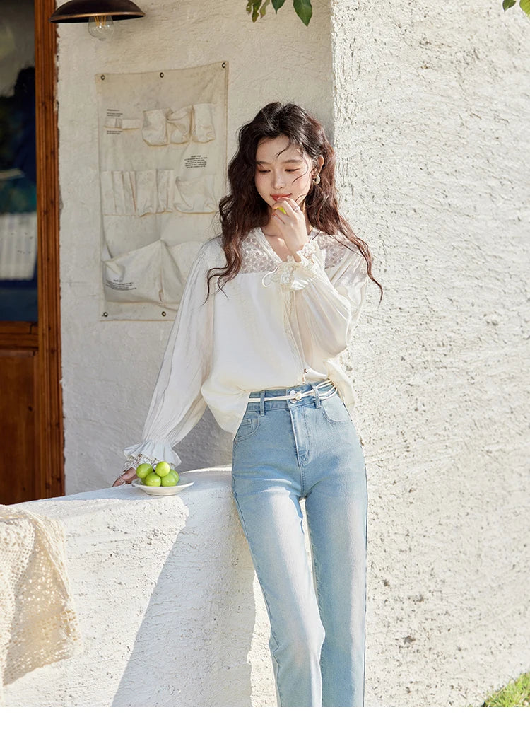 MISHOW Lace Patchwork Shirt for Women Spring 2025 V-neck with Fungus Edge Lace-up Chiffon Top Petal Sleeve Shirts MXE13X1713