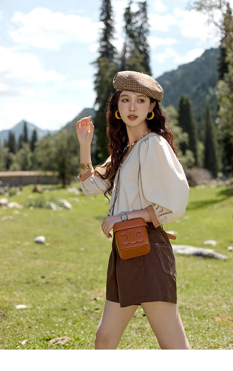 MISHOW French Retro Contrasting V-neck Shirt 2024 Autumn Solid Lantern Sleeve Top Single Row Two Buttons Casual Shirt MXD26X1597