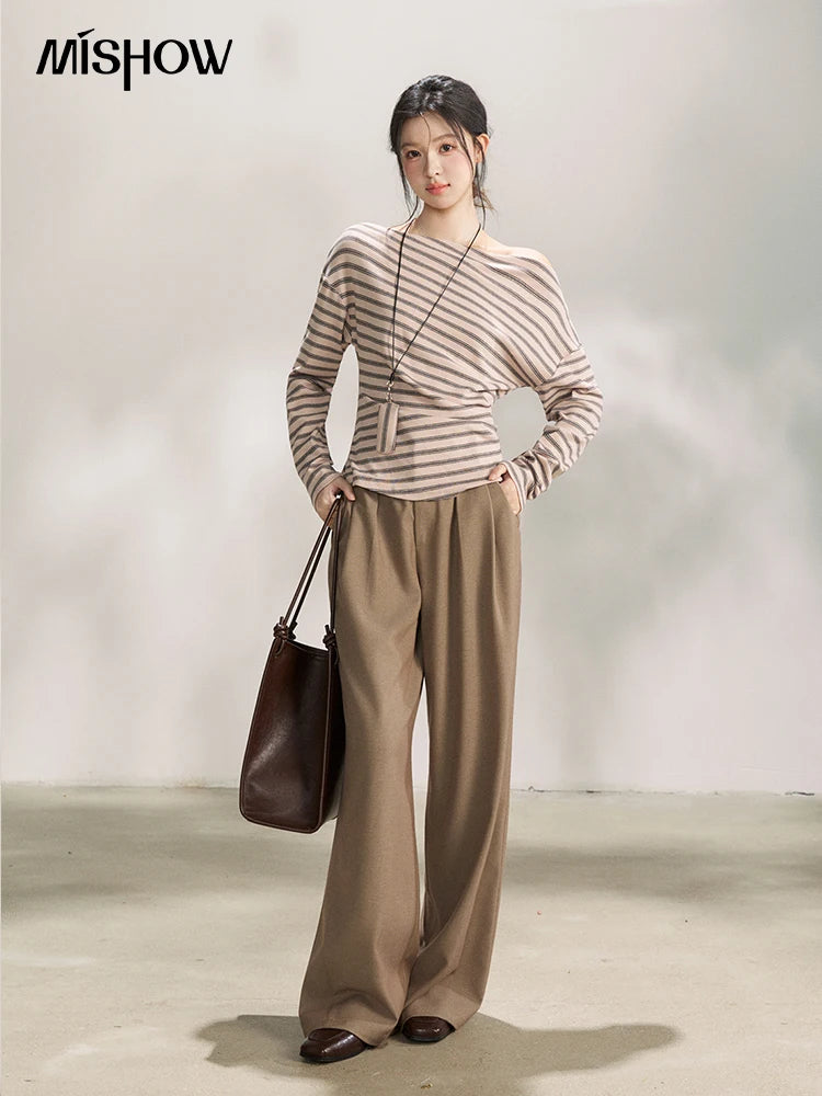 MISHOW Striped Boat Neck Long Sleeve Tops 2026 Spring Ruched Side SlimCasual Soft Breathable T-Shirt with Necklace MXF13T1514