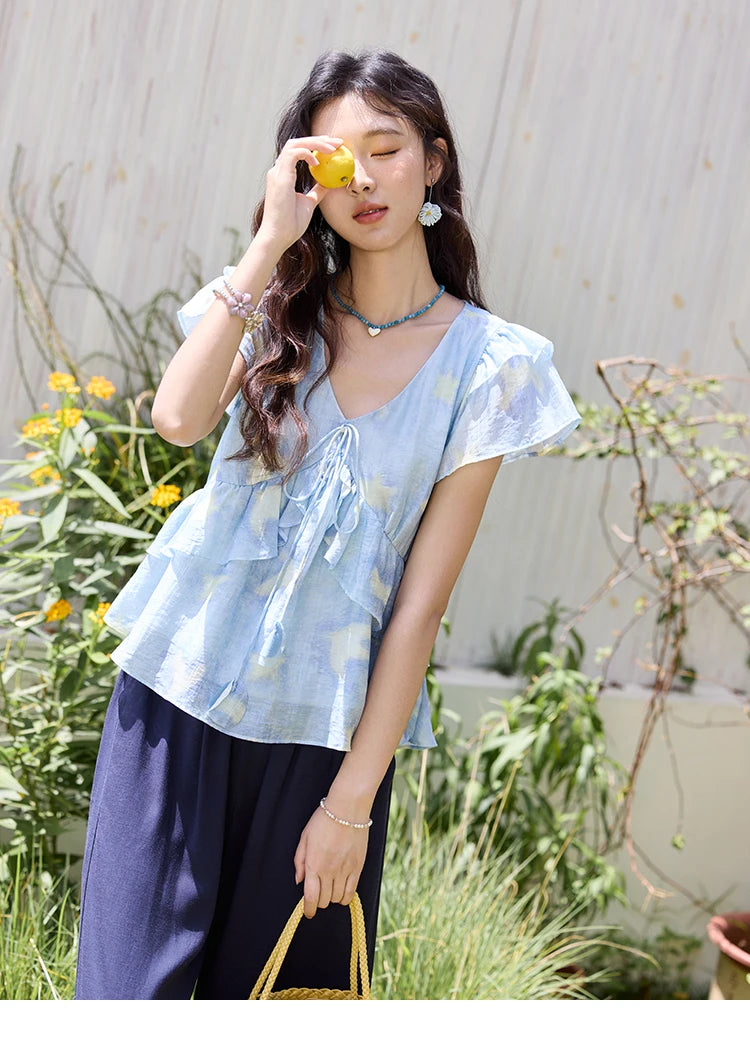 MISHOW Blue Double-layer Ruffled Linen V-neck Blouse for Women Summer 2025 Slim Flying Sleeve Breathable Lace-up Tops MXE33X1819