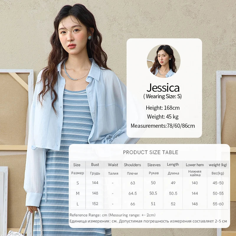 MISHOW Women's Blue Striped Camisole Dress Lyocell Shirt Separately Summer 2025 Lapel Solid Shirt O-neck Strap Dress MXE34L2285