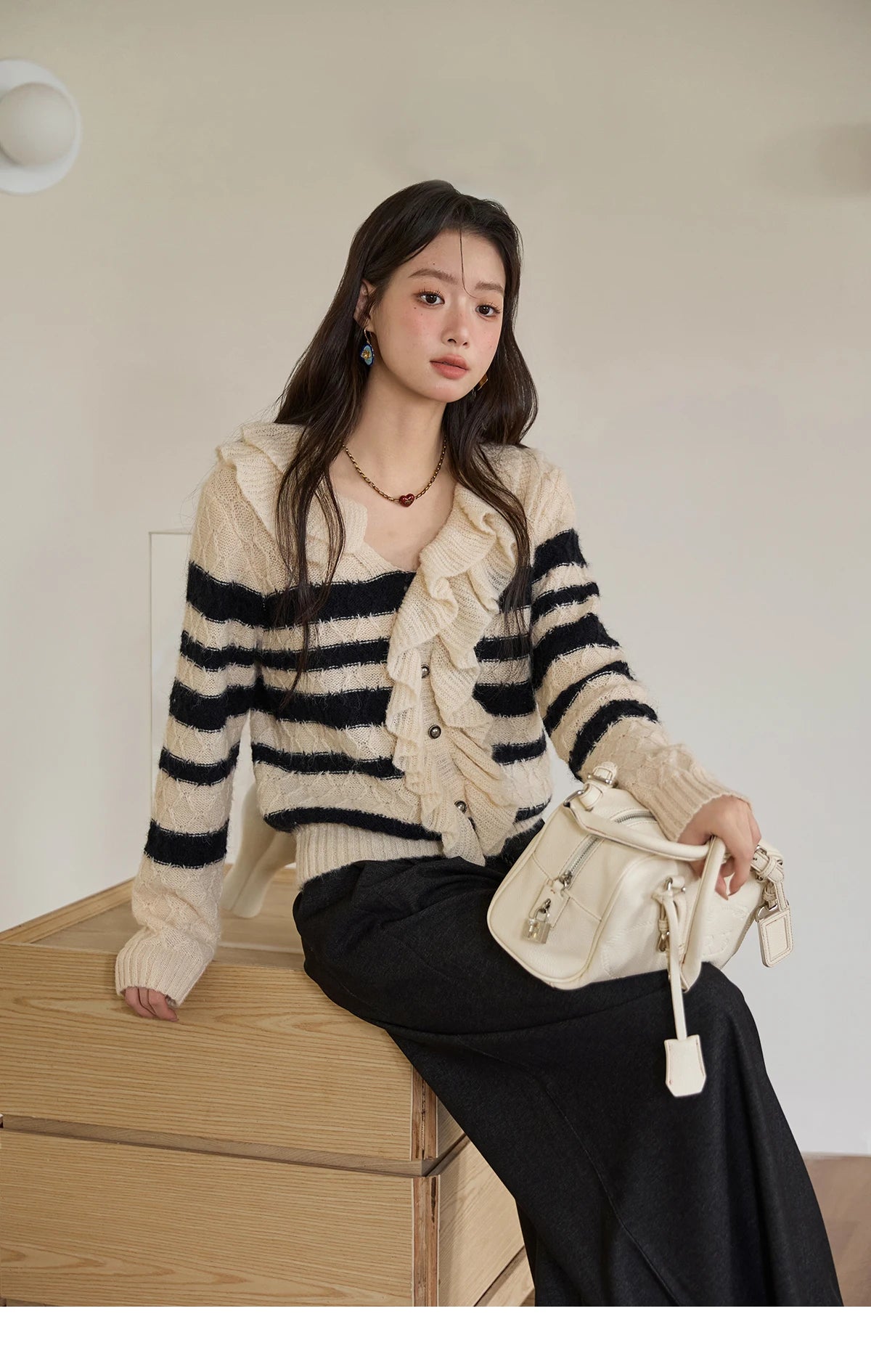 MISHOW Striped Sweater for Women 2025 Autumn New Asymmetrical Ruffled Diamond Shape Knitted Retro Women's Cardigan MXE51Z2633