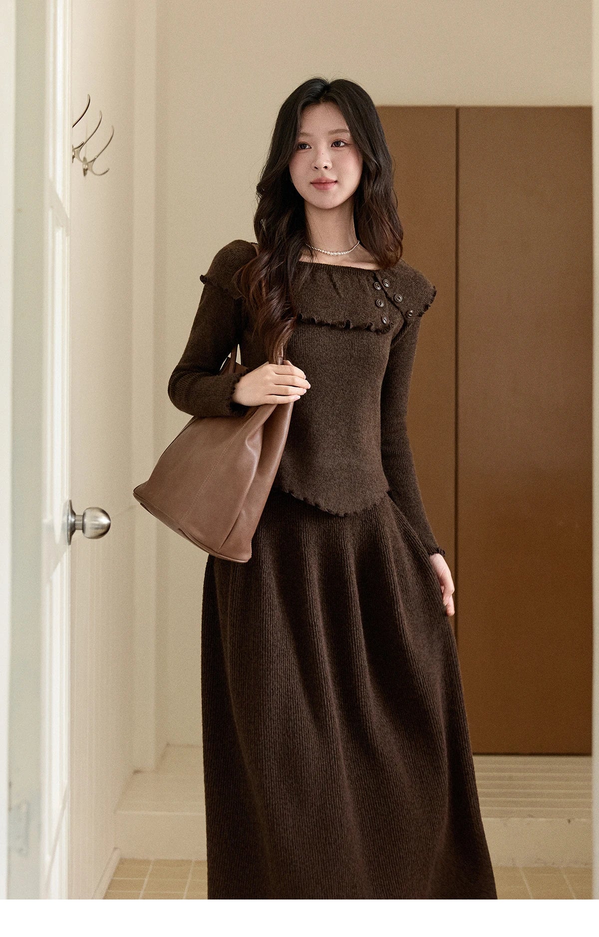 MISHOW Women's Retro Knitted Two-Piece Set 2025 Winter Coffee Ruffle Boat Neck Top A-Line Elastic Waist Skirt Outfit MXE93T1455