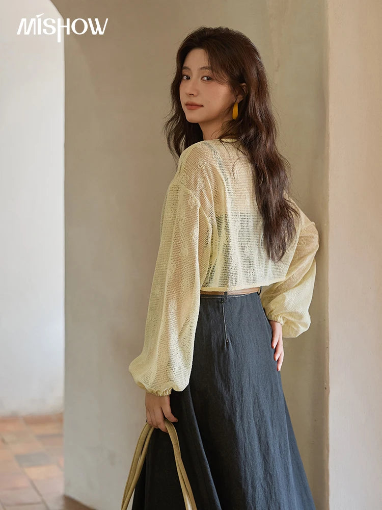 MISHOW Women's Two-Piece Set 2025 Lantern Sleeves Knitted Cardigan Imitation Denim Strap Dress Set With Belt Included MXE41T0704