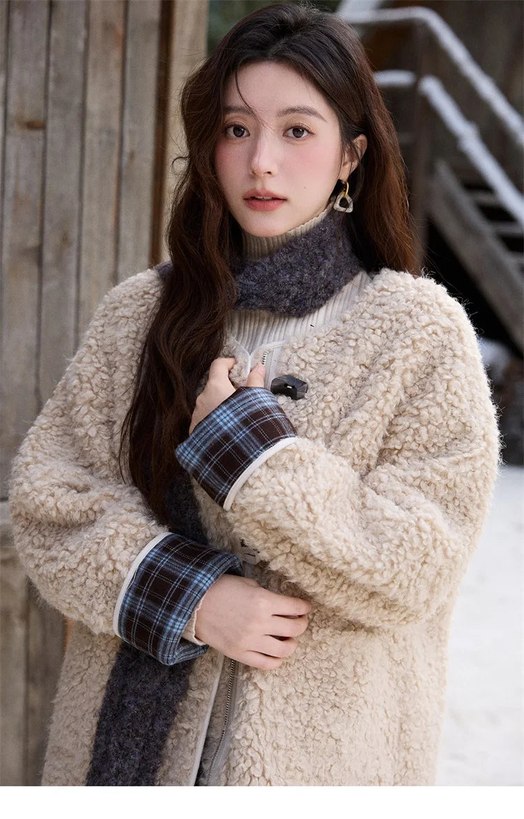 MISHOW Plaid Patchwork Curly Lambswool Coat Winter 2025 Women's Fashion Coat Double-Front Retro Casual Loose Jacket MXE87W0939