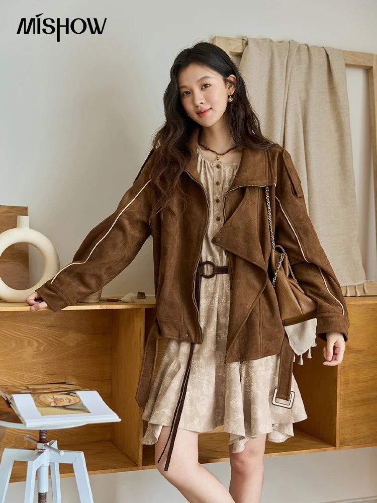 MISHOW Woman Retro Jacket 2025 New Split Turn Down Collar Brown Suede Short Loose Coat Commute Autumn Women Clothing MXE48W0850