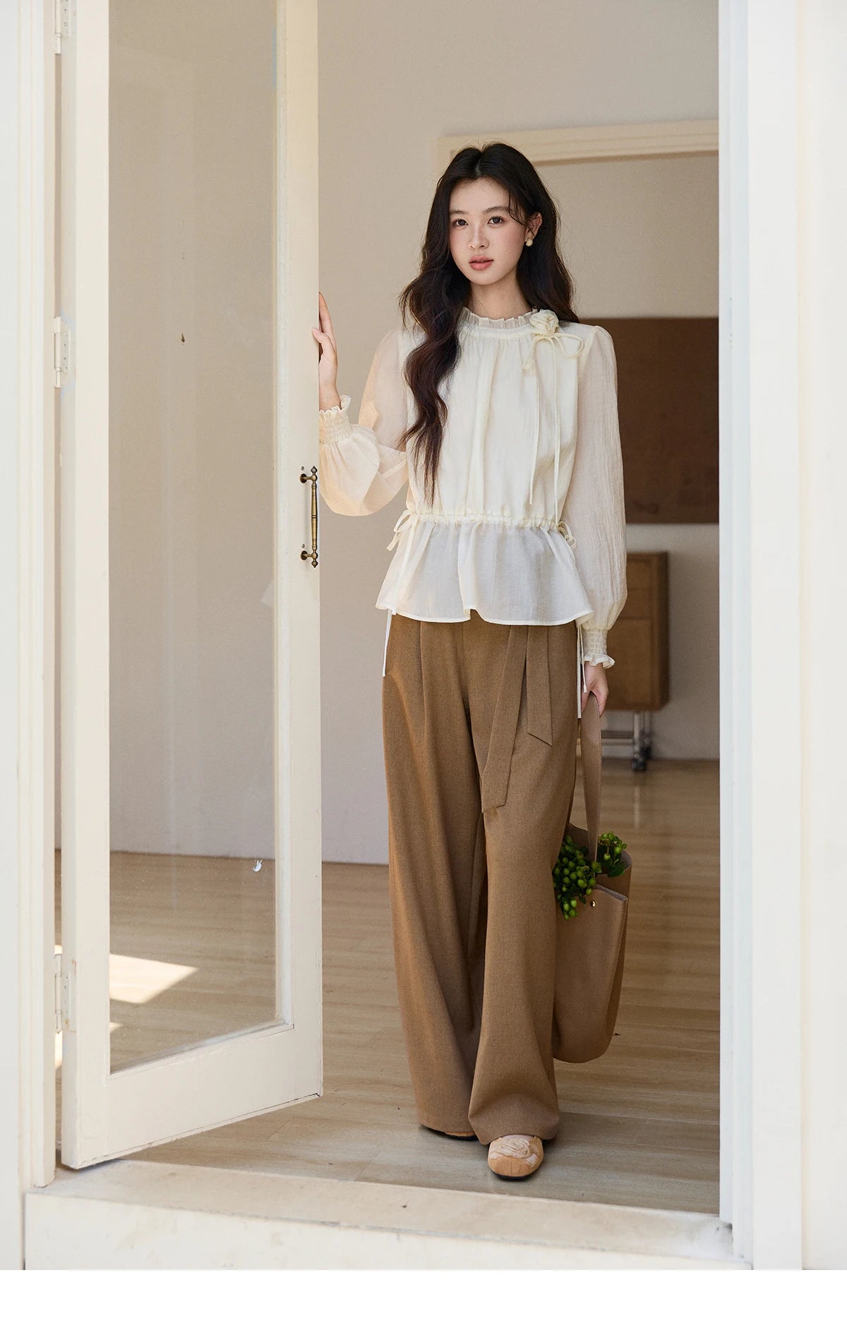 MISHOW Women's Ruffled Stand Collar Blouse 2026 Spring Flower Decor Apricot Blouses Drawstring Waist Puff Sleeve Top MXF11C2428