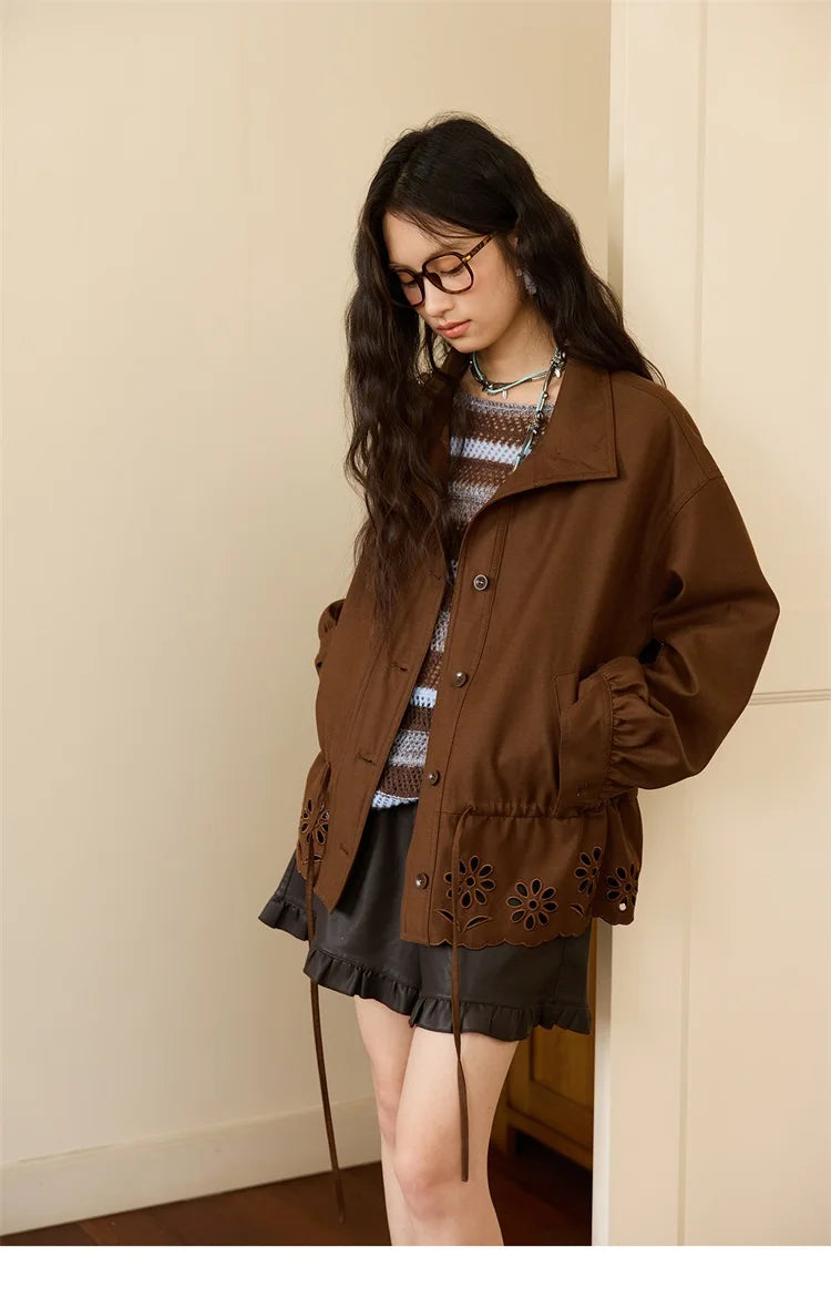 MISHOW Hollow Embroidered Trench for Women Autumn 2025 Drawstring Waist Coffee Jacket Lapel Single Breasted Coat MXE48W0855