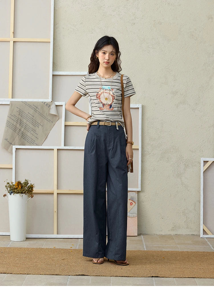 MISHOW Striped Cartoon Pufferfish Printed T-shirt for Women Summer 2025 Slim Shoulders Cotton Tees Short Sleeved Top MXE32T0538