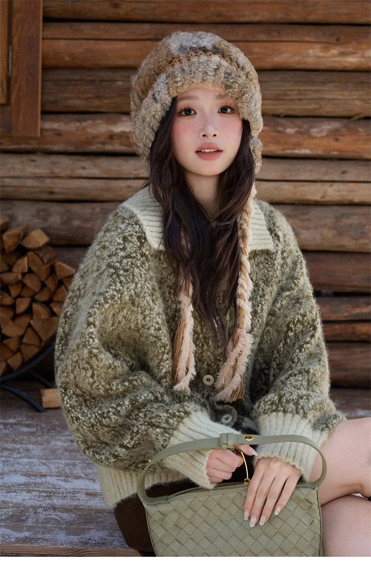 MISHOW Women's Green Retro Mottled Sweater Winter 2025 Casual Stand-up Collar Batwing Sleeves Knitted Cardigan tops MXE90Z2787