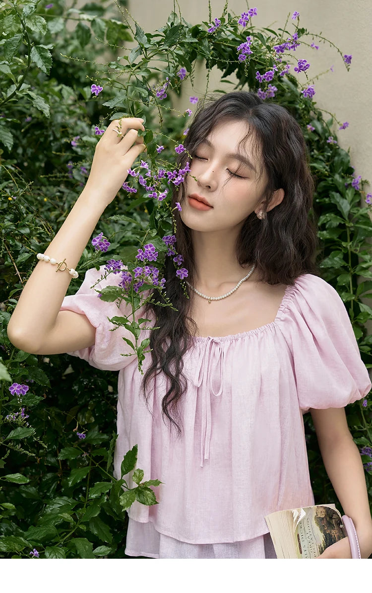 MISHOW French Square Neck Tied Lantern Sleeve Blouses 2025 Summer Double Layered Hem Puff Sleeve Solid Sweet Tops MXD26X1551