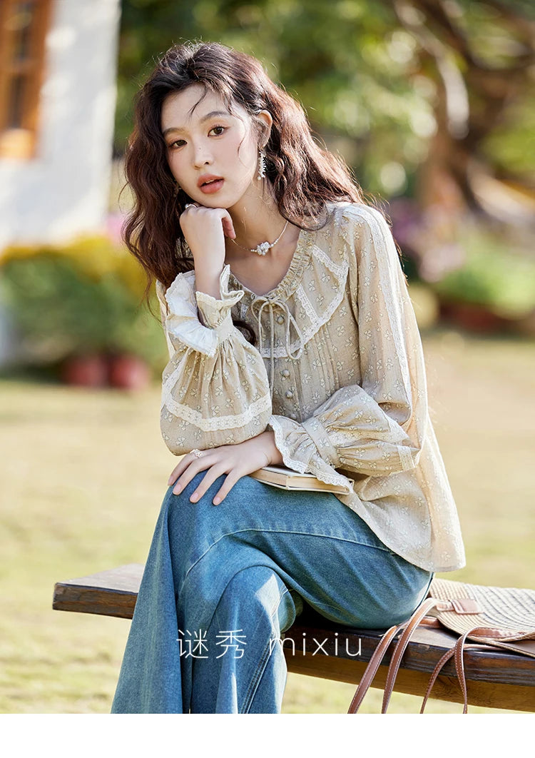 MISHOW Women's Floral Round Neck Shirts 2025 Spring Ruffled Collar Commuting Top Sweet Petal Sleeve Lace-up Shirts MXE14X1729