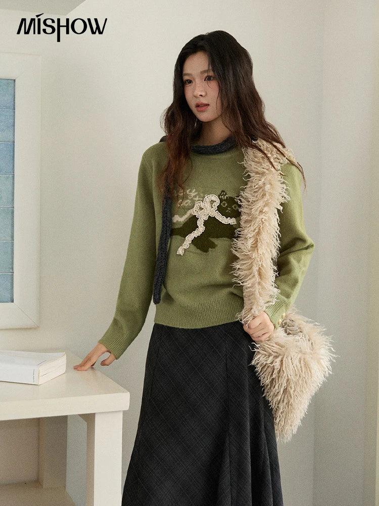 MISHOW Cat Jacquard Pullovers for Woman 2025 Winter Lazy Style Round Neck Three-dimensional Bow Loose Knit Sweater MXE86Z2750