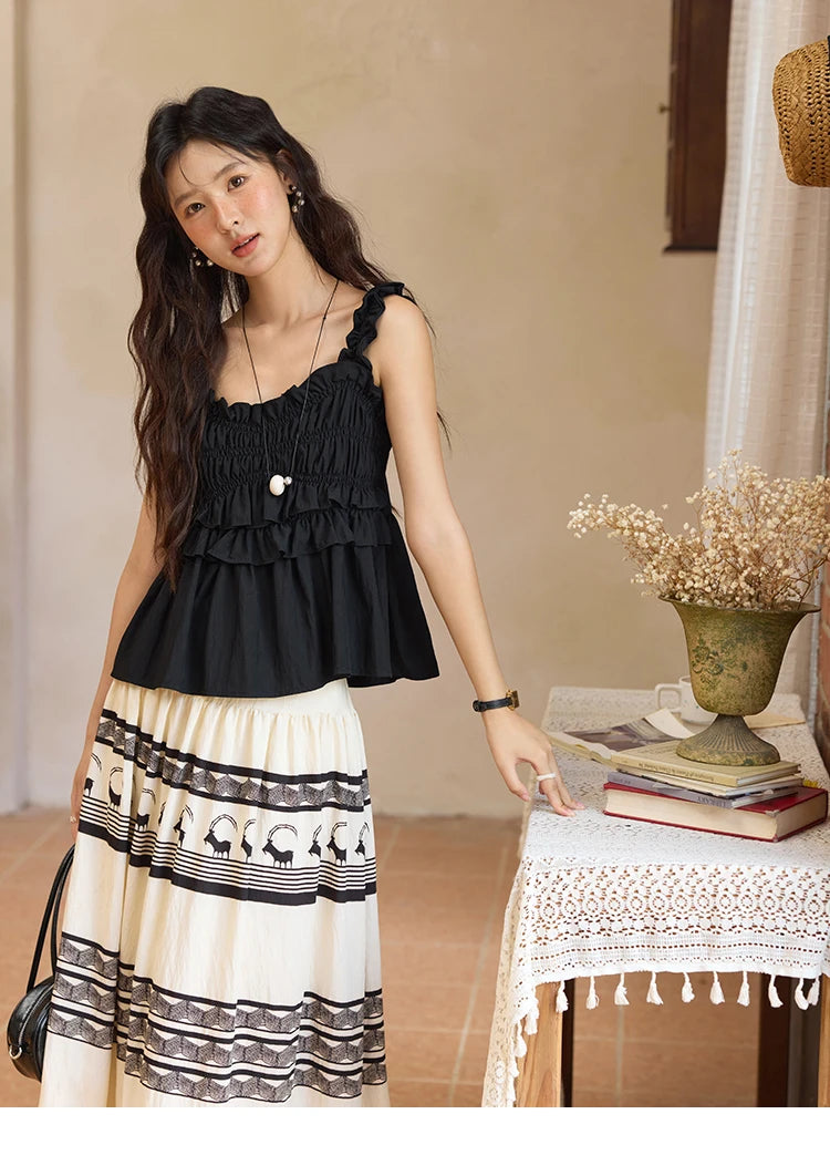 MISHOW Women's Bohemian Print Half Skirt 2025 Summer New Office Lady Fashion High Waist A-line Large Swing Skirt MXE36B0755