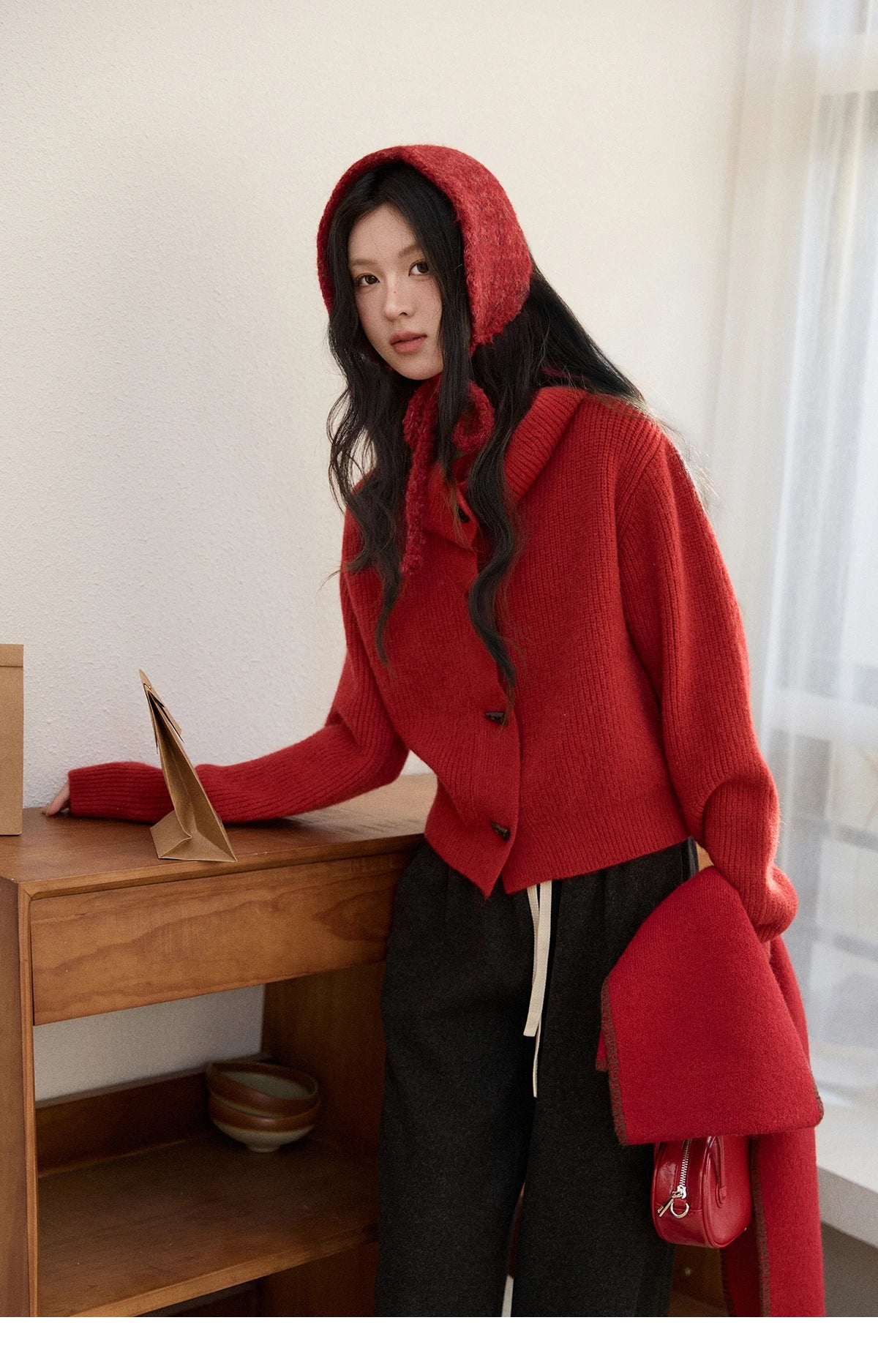 MISHOW Women's Retro Red Bull Horn Button Sweater 2025 Winter Arctic Velvet Warm Knitted Sweater Excluding Headscarf MXE90Z2819