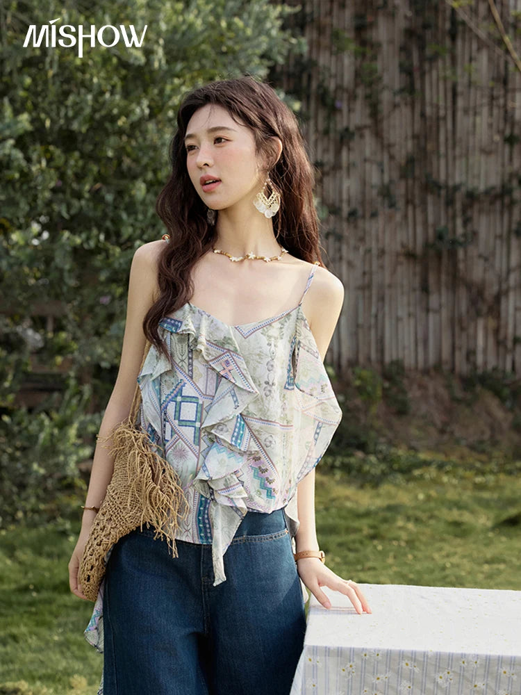 MISHOW Holiday Summer Camisole Tops Women 2025 Plaid Ruffled Layer Chiffon Floral Slimming Top Woman New Fashion MXE33X1803