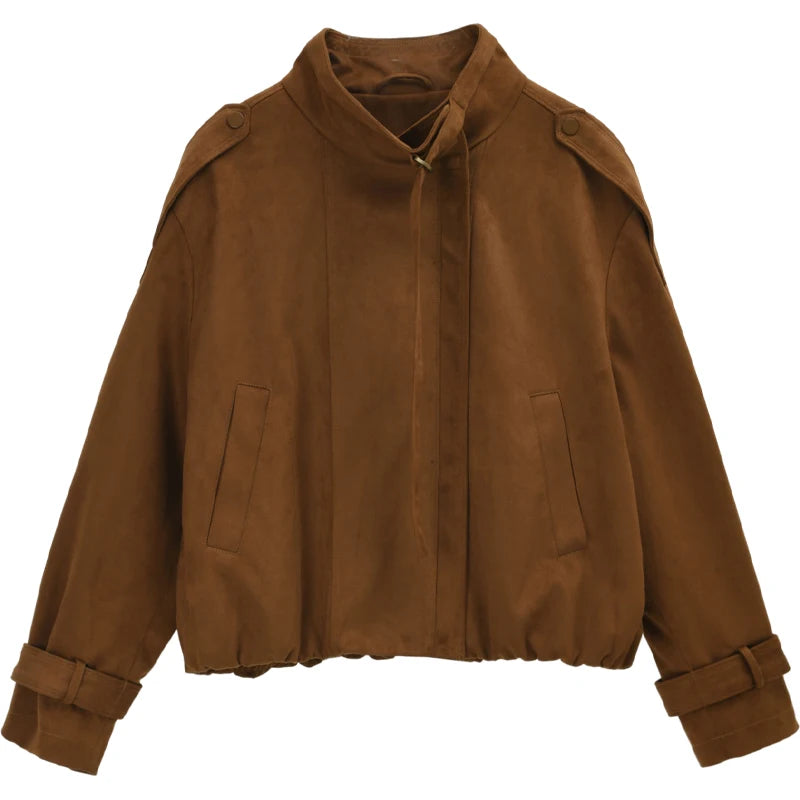 MISHOW Vintage Suede Short Jacket Brown Lapel Zipper MXE45W0869