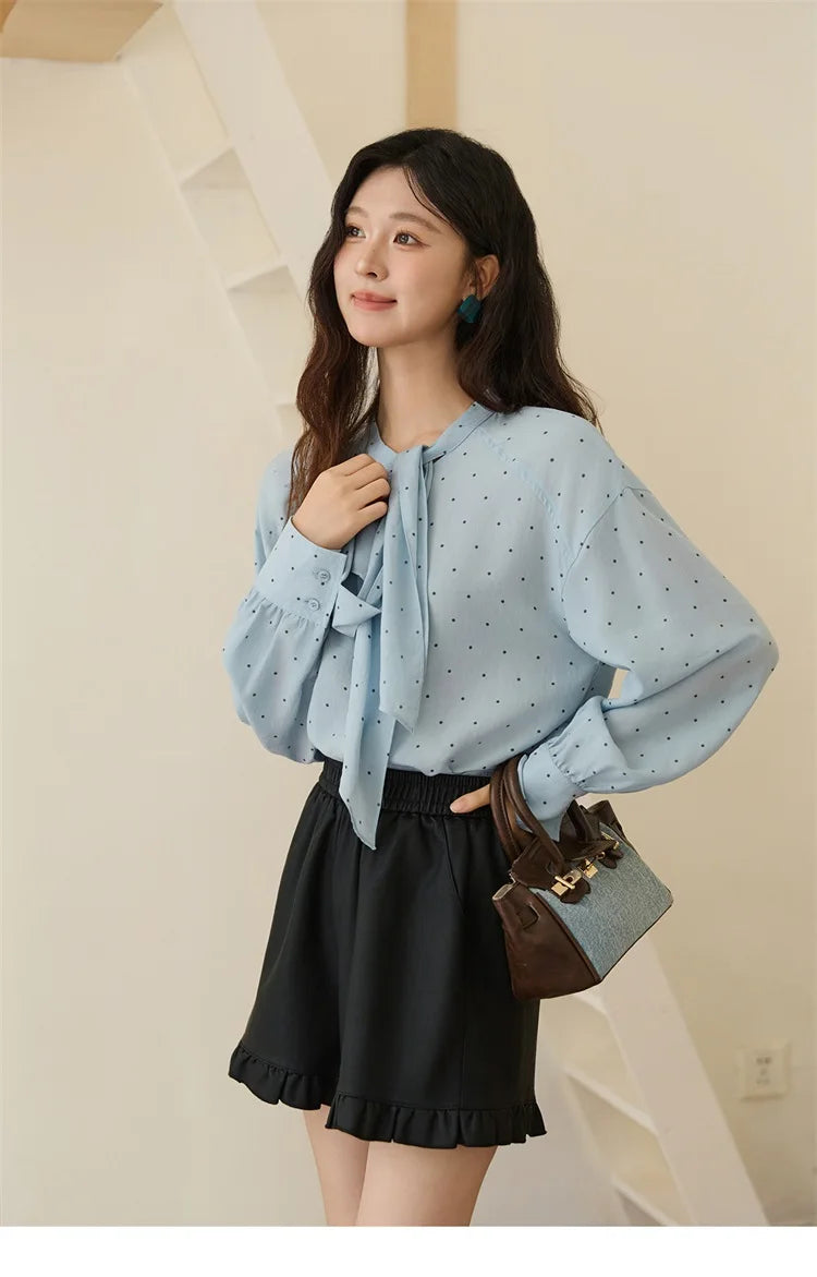 MISHOW Women's Casual Shirt 2025 Autumn French Vintage Blue Polka Dot Shirt Bow Collar Long-sleeve Top Women's Clothe MXE45X2475