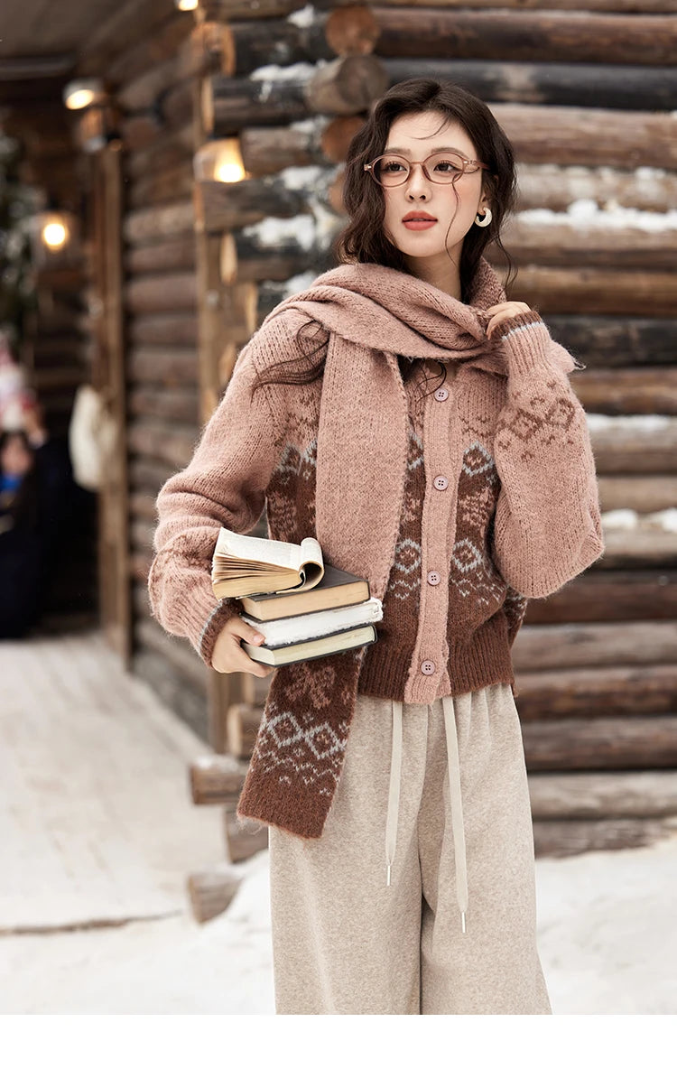 MISHOW Fair Isle Knitting Sweater Christmas Retro Cardigan Women Temperament Turn Down Collar Soft Warm Knitted Coat MXD58Z1036