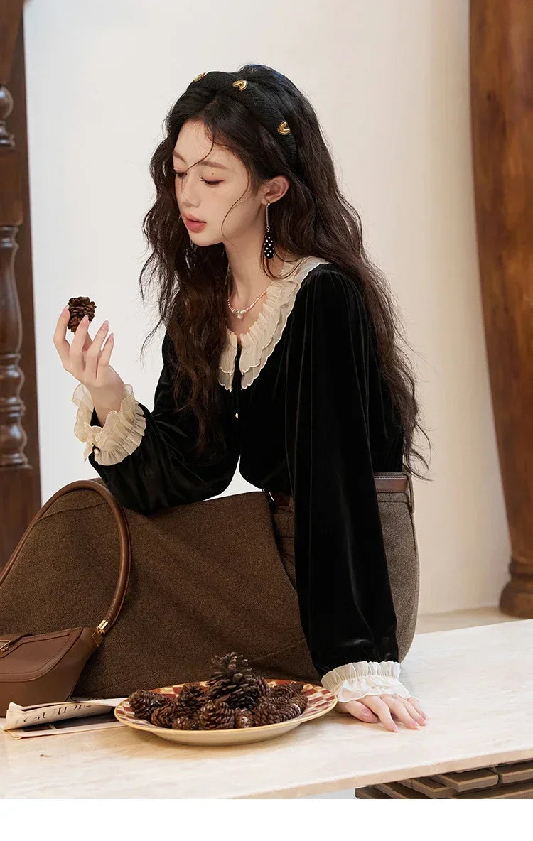 MISHOW French Retro Velvet Blouses for Women 2025 Autumn Winter Button Down O Neck Korean Long Sleeve Shirt Tops MXC51X1323