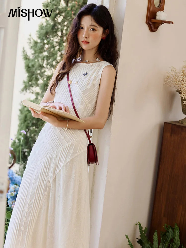 MISHOW Asymmetric Lace Fishtail Dress 2025 Summer Flower Embroidery Sleeveless Elegant Dress Round Neck Long Dresses MXE35L2301