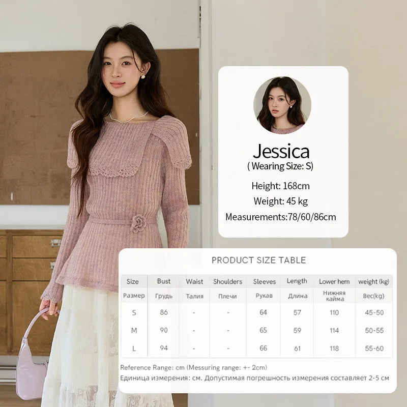 MISHOW Women's Pink Ribbed Knitted Sweater 2026 Spring Large Collar Lace Trim Belted Waist Long Sleeve Pullover Tops MXF11Z2901