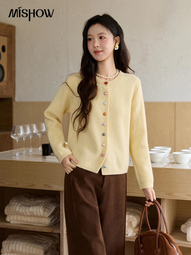 MISHOW Women's Cardigan 2025 Slim Fit Hollow Out Round Neck Rainbow Button Sweater French Style Solid Warm Knitwear MXE90Z2796