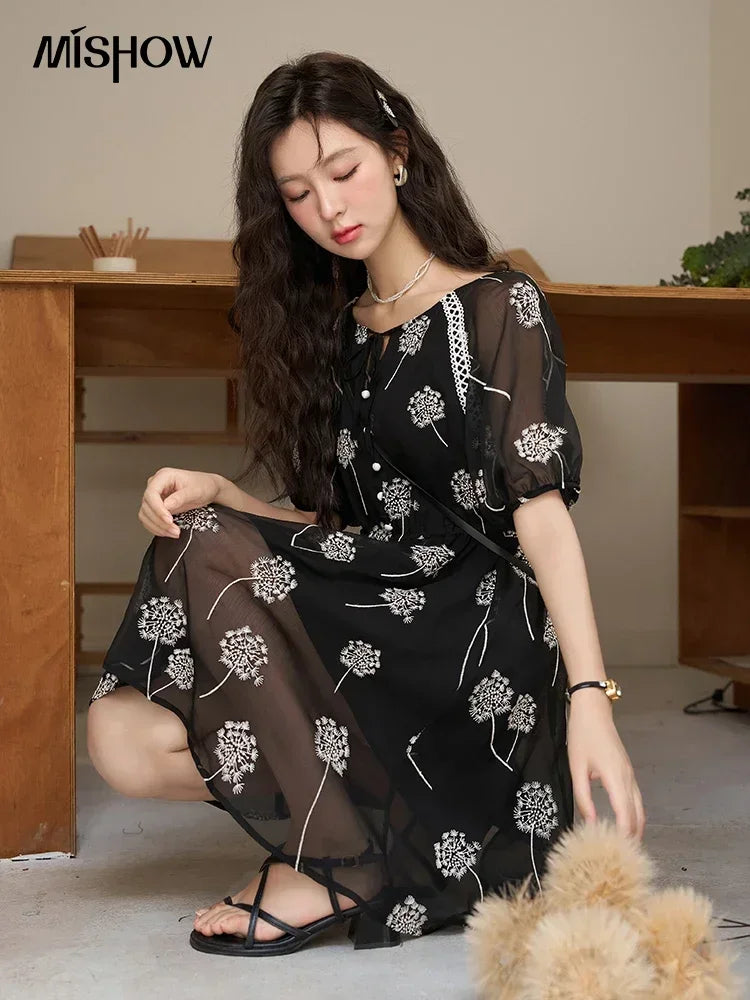 MISHOW【Taraxacum Series】Black Embroidered Dress for Women 2023 Summer French Tea Break Lace-up Retro Romantic Dresses MXC39L1567