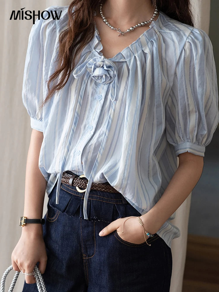 MISHOW Women's Striped Casual Shirt 2025 Summer New Lady Fashion Puff Sleeve V-Neck Button Blue Shirt Female Clothing MXE36X1870