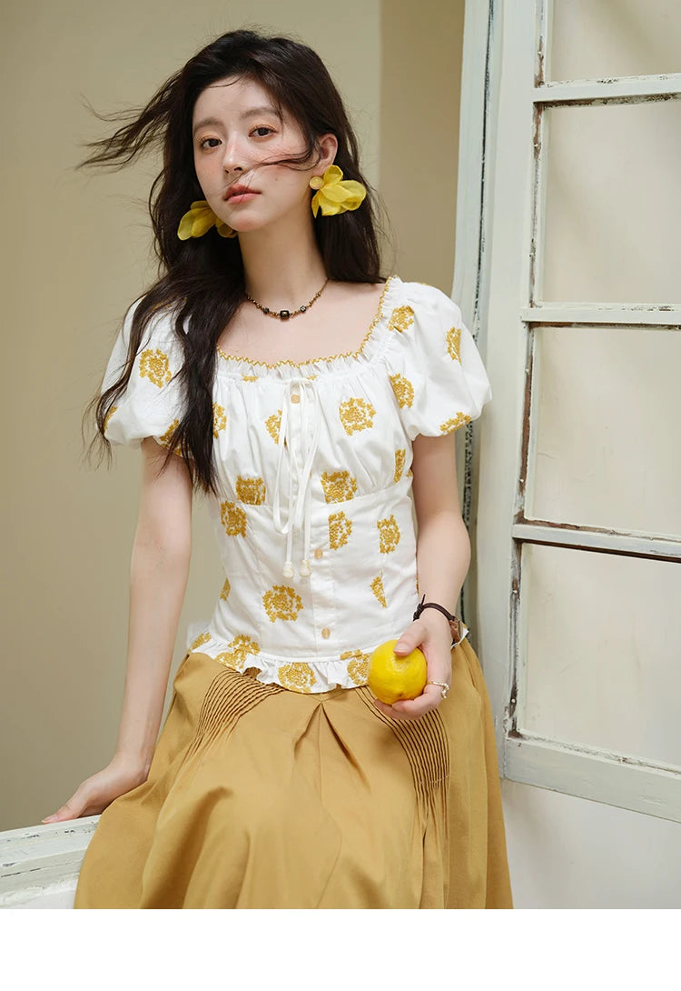MISHOW Yellow Flower Embroidery Blouse Puff Sleeve Lace Up MXE35X1811