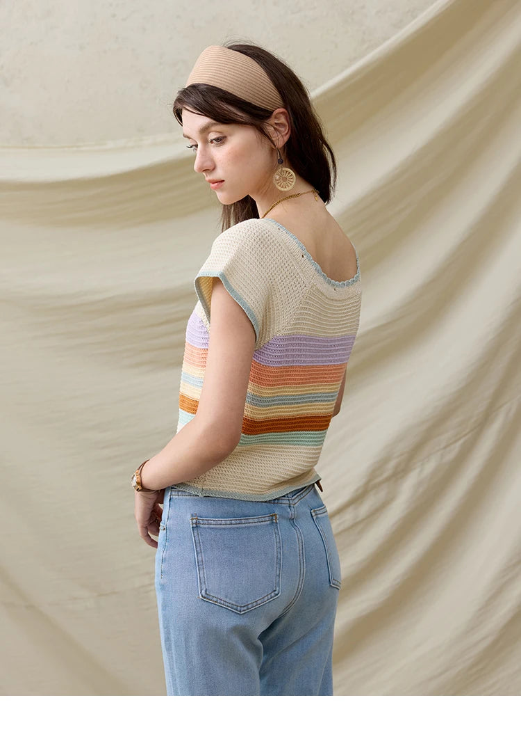 MISHOW Casual Stripe Knitted Pullover Women Summer New 2025 Short Sleeve Round Neck Slimming Tops Female Office Lady MXE31Z1222