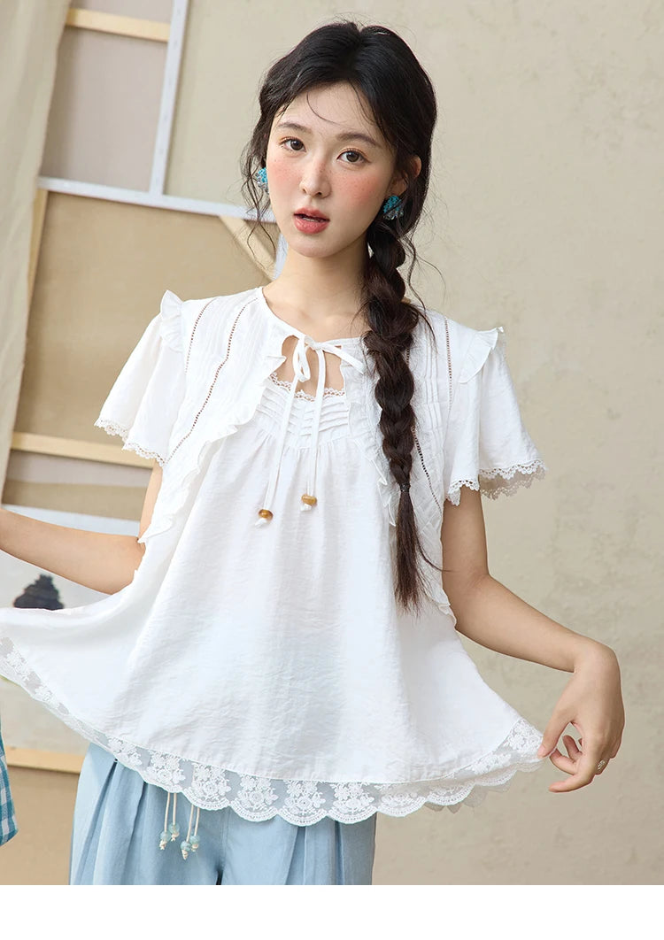 MISHOW White Lace Up Blouse Women's 2025 Summer New Fashion Butterfly Sleeve Hollow Lace Splicing Top Female Clothing MXE34X1784
