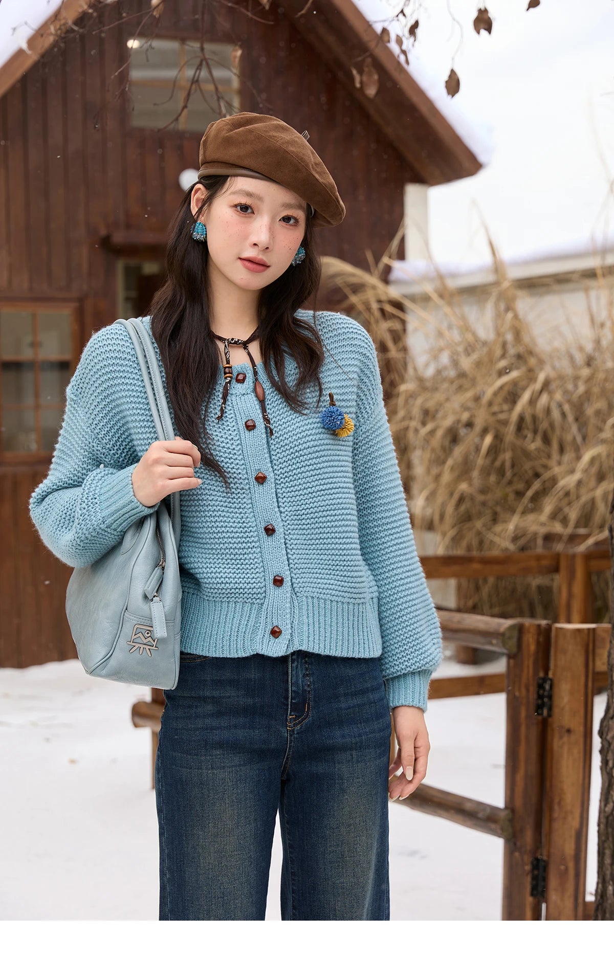 MISHOW Blue Knitted Cardigan 2025 Autumn Winter New Crew Neck Pompom Decorated Sweater Commute Elegant Loose Top MXE51Z2551
