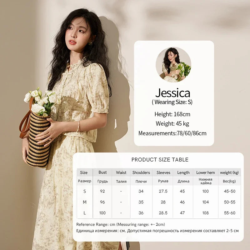 MISHOW Chinese Chiffon Embroidered Shirt A-line Skirt Separately Summer Puff Sleeve Top Rear Elastic Waist Skirt MXD24X1405