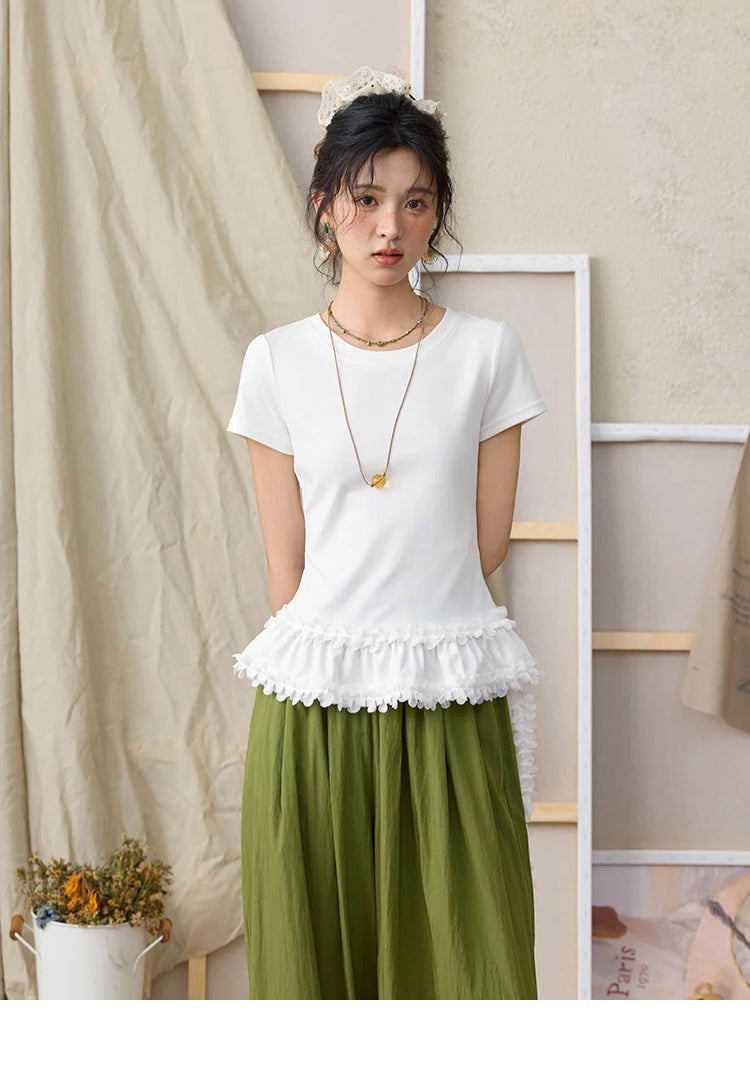 MISHOW White Ruffled T-shirt for Women Summer 2025 Round Neck Loose Slim Cotton Casual Tees with Red Lanyard Necklace MXE34T0557