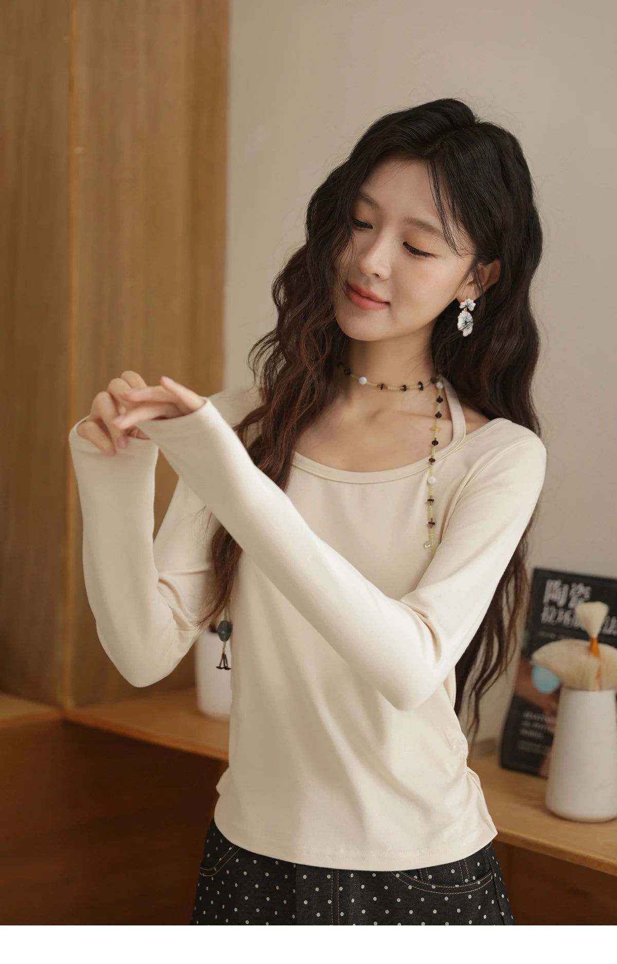 MISHOW Elastic Knitted T-shirts for Women Autumn 2025 Hanging Neck Strap Tees Pleated Waist Slim Long Sleeved Top MXE42T0720