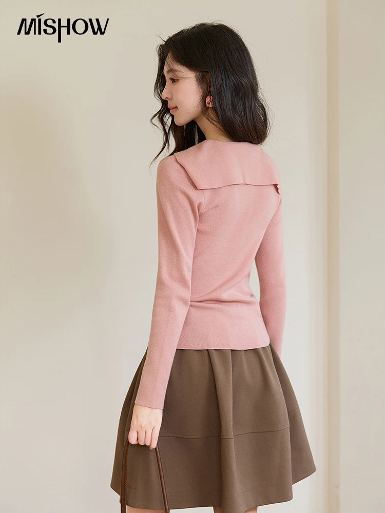 MISHOW Women's Pink V-neck Knitted Top 2026 Spring Polo Neck Detachable Paisley Scarf Thin Tops Casual Slim Sweater MXF108Z1032