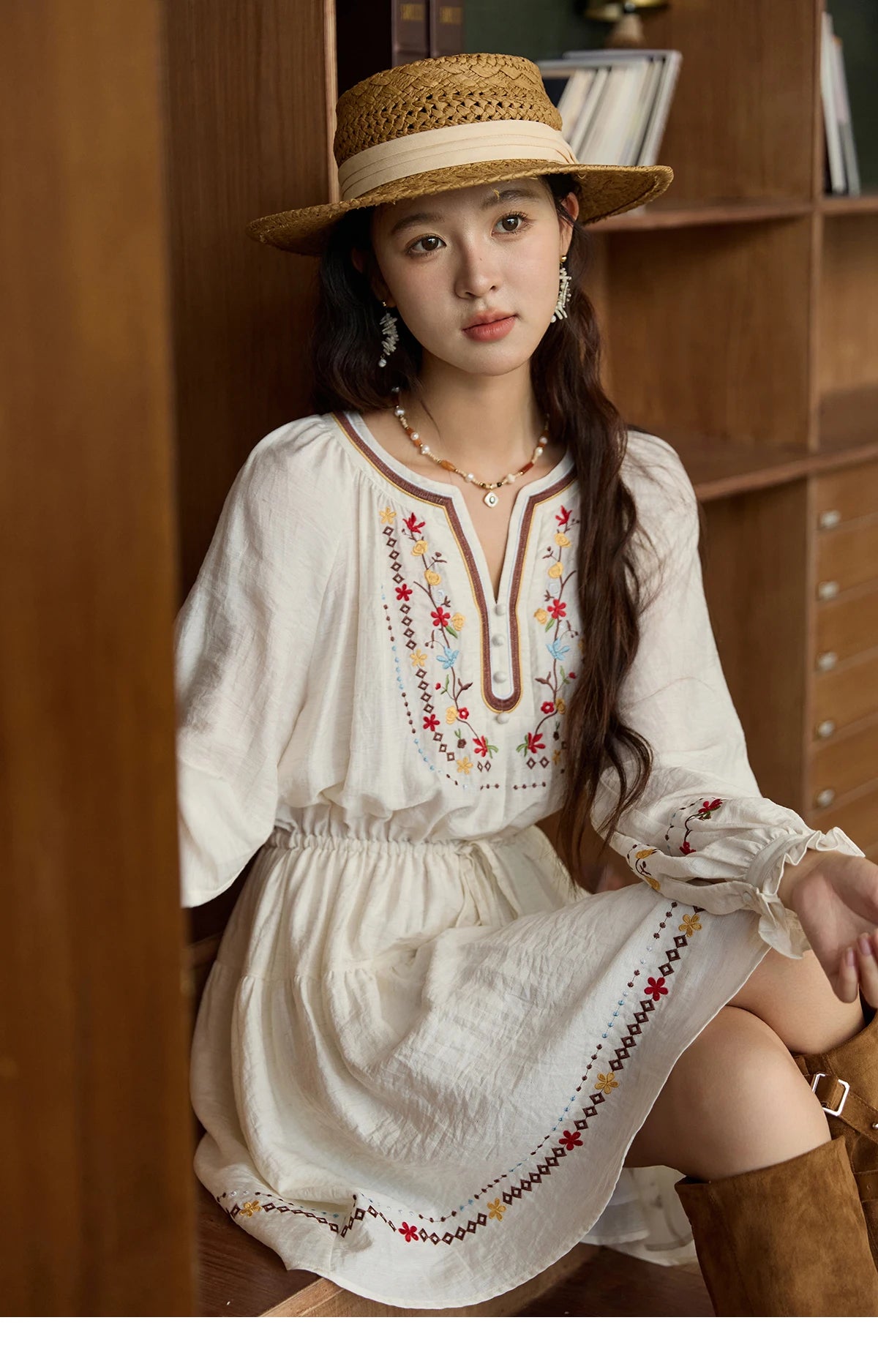 MISHOW Woman Long Sleeve Dress Autumn Elegant V-neck Embroidered Drawstring Waist Dress A-line Bohemian Midi Dresses MXE44L2489