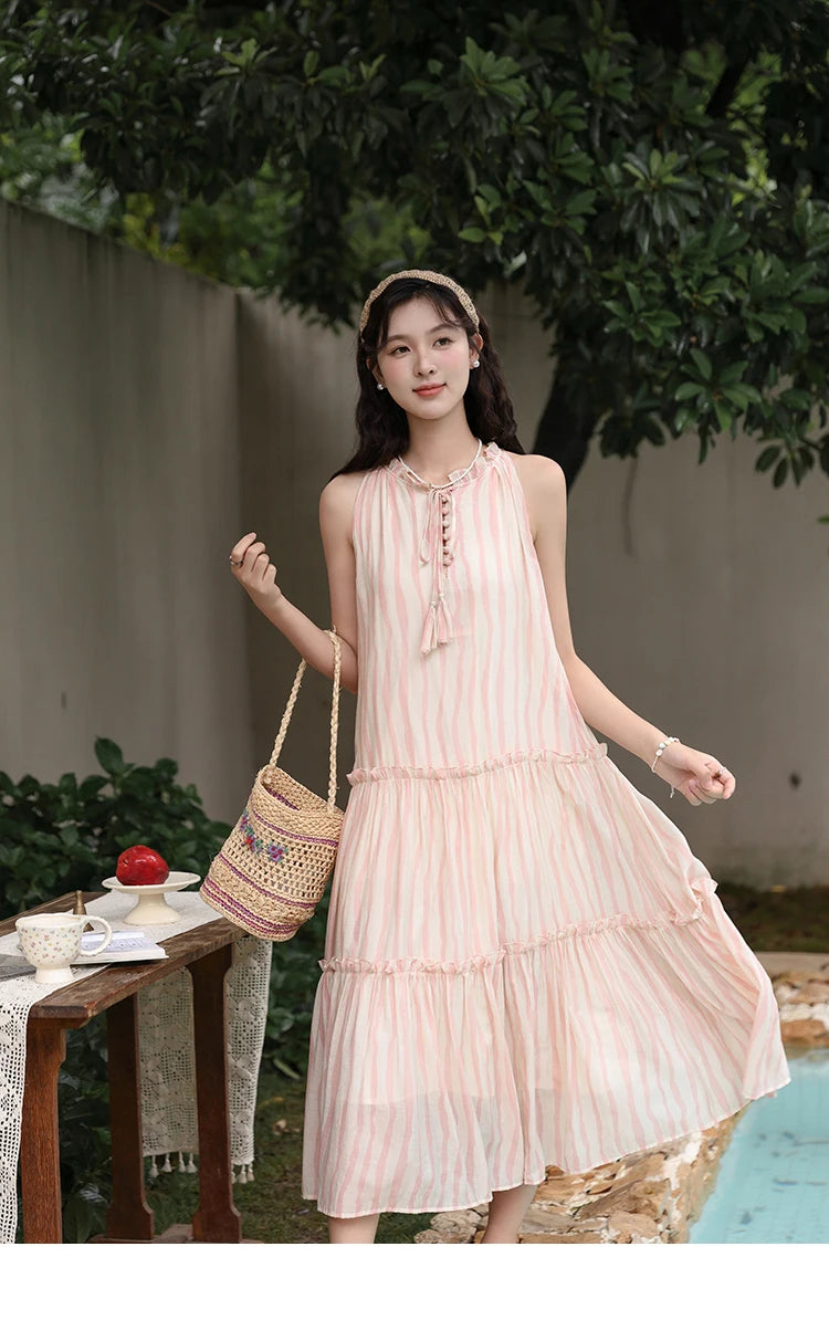 MISHOW Hanging Neck Striped Dress for Women 2024 Summer French Tea Break Camisole Dress Sweet Vacation Long Dresses MXD30L1951