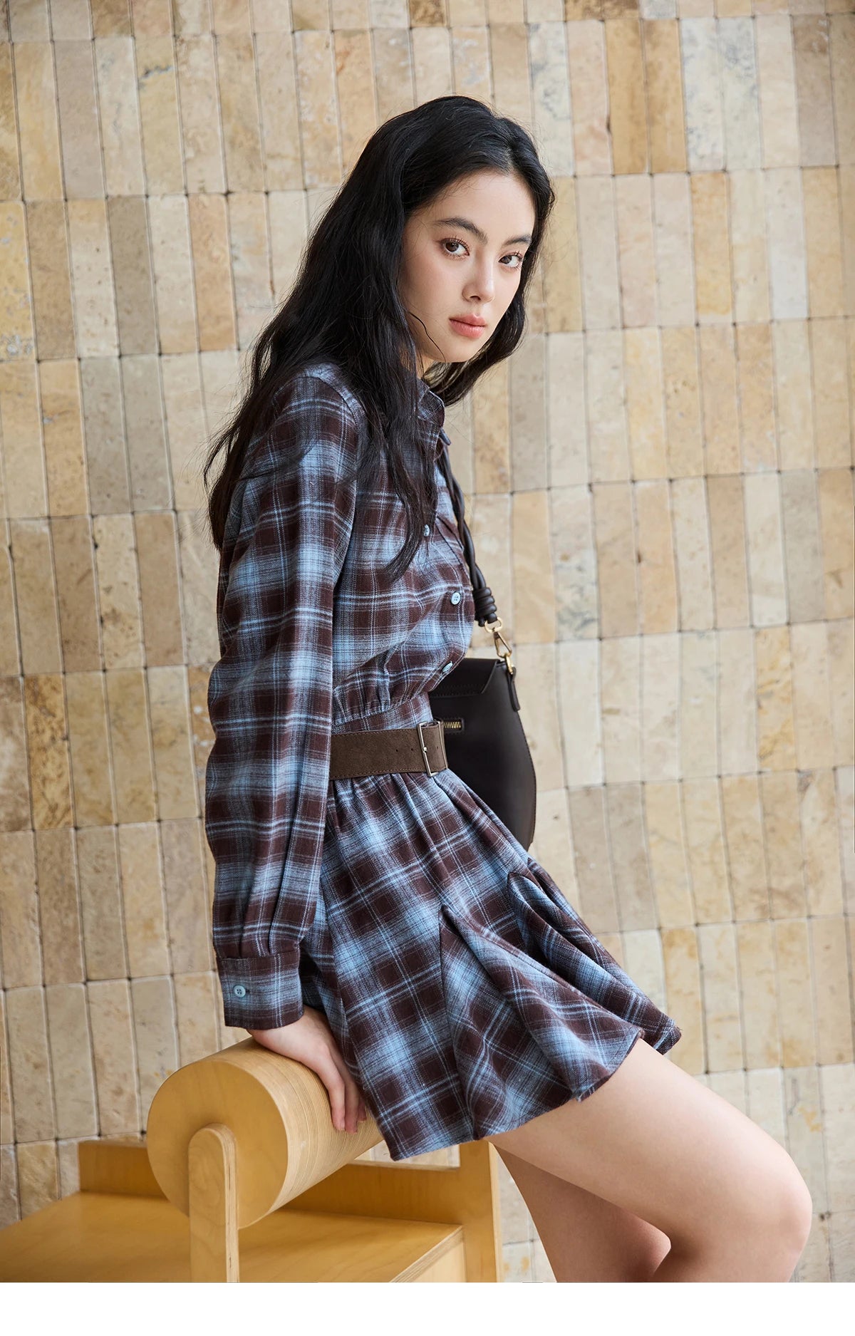 MISHOW Women's Blue Plaid Short Dress 2025 Autumn Retro Turn-down Collar Waist-Cinched Long Sleeve Dress with Belt MXE48L2525