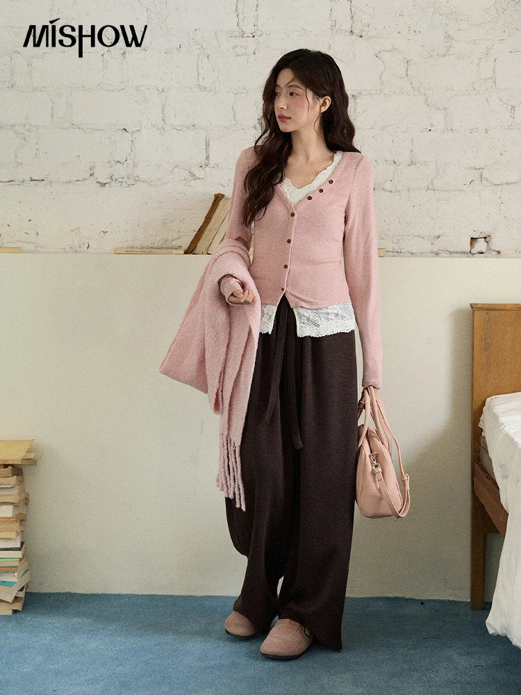 MISHOW Long Sleeve Tops for Woman 2025  Autumn Winter Sweet Gentle V-neck Top with Lace Trim Commute Slim Knit Top  MXE86Z2673