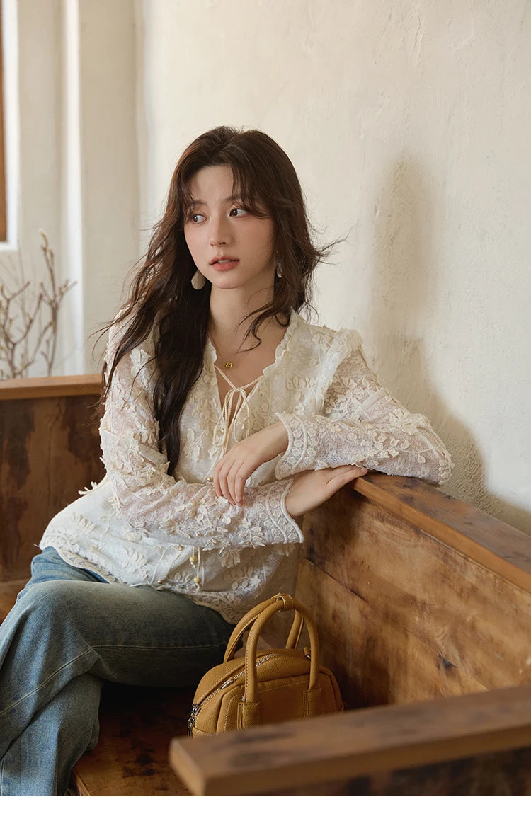 MISHOW Apricot Lace Jacquard Embroidered Shirt 2025 Autumn Black Fungus Edge Lace-up Vintage Commuter Top Office Lady MXE41X1927