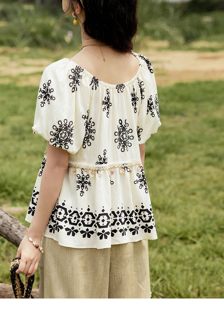 MISHOW Bohemian Print Shirts Women Summer Short Puff Sleeve Square Sleeve Loose Shell Ribbon Stitching Blouses Lady MXE35X1817
