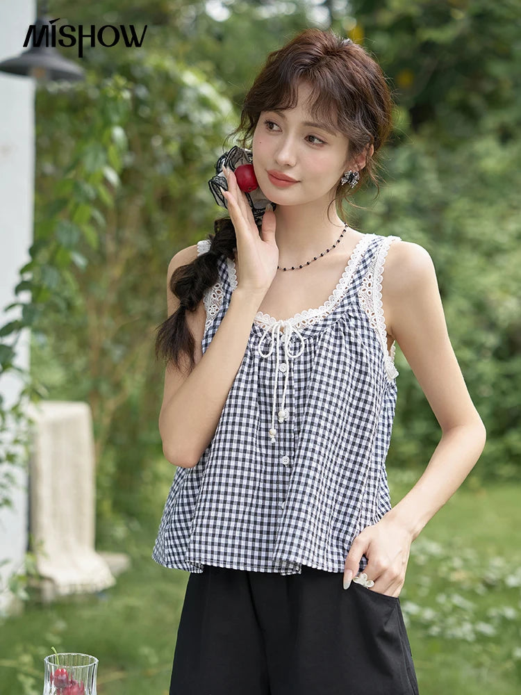 MISHOW French Sweet Lace Plaid Suspender Vest Women 2025 Summer Loose Fit U Neck Lace-up Blouses Sleeveless Doll Top MXD26X1567
