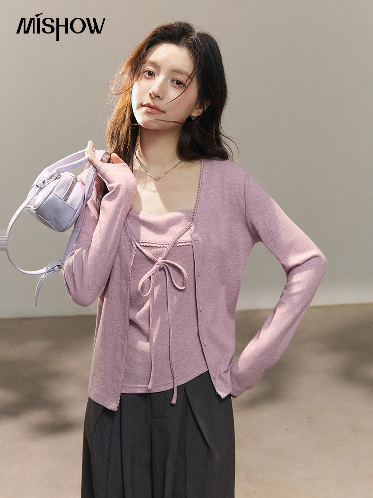 MISHOW Women's Purple Knitted Two-Piece Set 2026 Spring Knitted V-neck Lace-Up Cardigans Camisole Irregular Tops Set MXF13Z2998