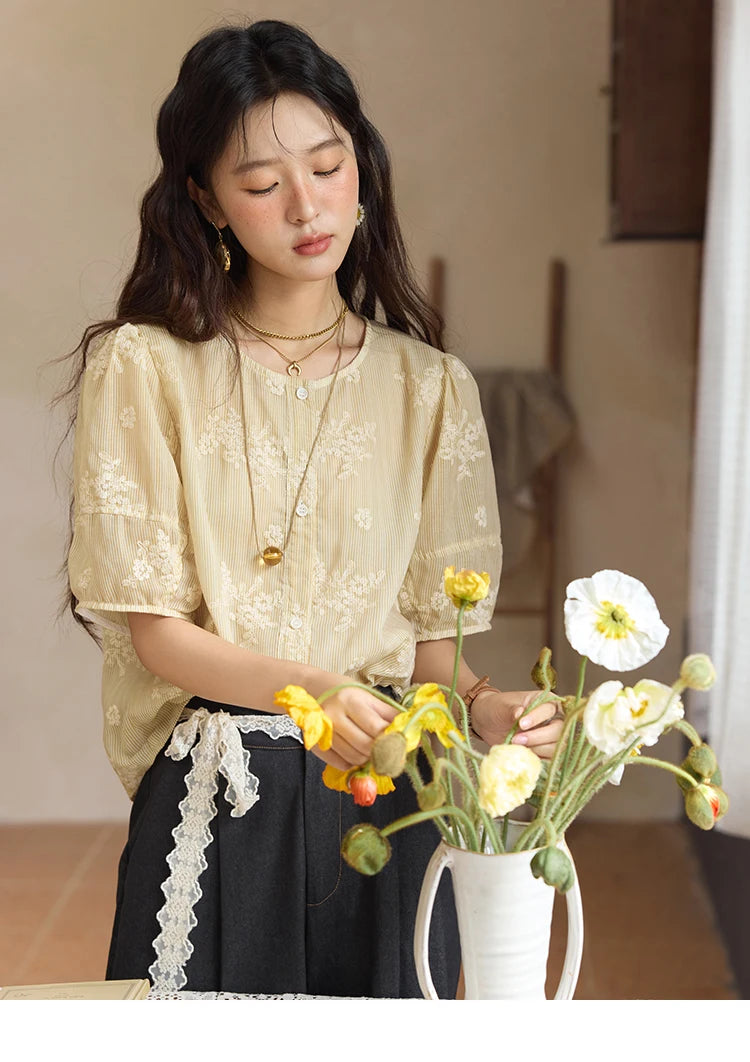 MISHOW French Retro Embroidered Floral Blouse for Women Summer 2025 Round Neck Single Breasted Top Puff Sleeve Blouse MXE36X1874