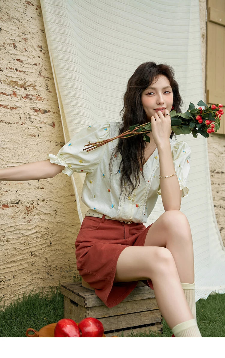 MISHOW 100% Cotton Women's Puff Short Sleeve Shirt 2025 Summer New Square Neck Blouse Embroidered Lace Patchwork Tops MXD22X1420